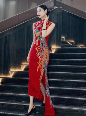 出租中式旗袍新娘结婚订婚敬酒小拖尾凤凰重工刺绣红色新中式礼服