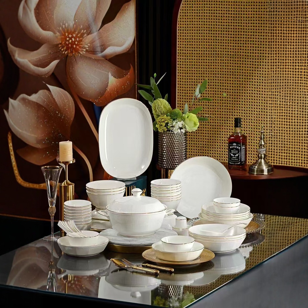 唐山骨瓷碗碟盘子餐具欧式简约家用米饭碗汤面碗勺家用白色骨质瓷