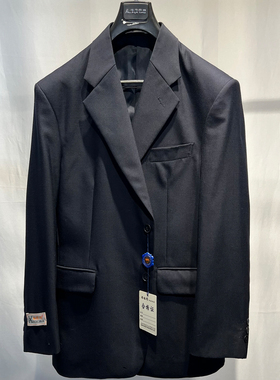 内蒙古撤柜羊毛黑蓝色2粒大码复古oversize西装外套英伦西服