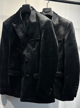 微瑕疵双排扣布雷泽黑色丝绒西装纯色日系复古oversize西装