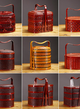 月饼礼品篮结婚食盒篮复古特色竹编手提篮红色竹制收纳篮