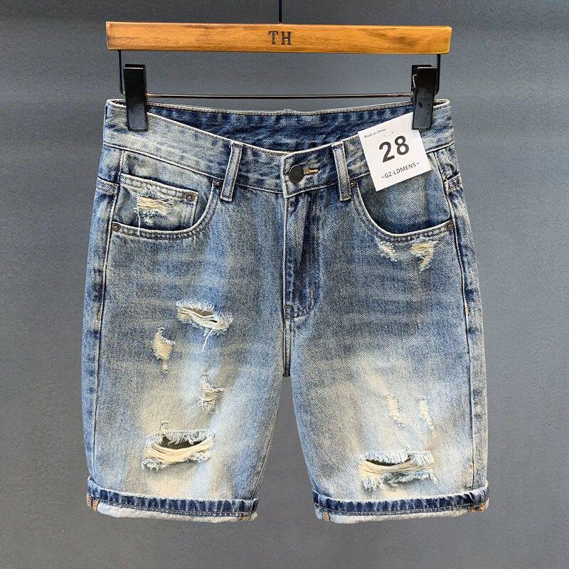 高端潮牌个性破洞牛仔短裤男士夏季薄款宽松五分裤美式乞丐中裤子