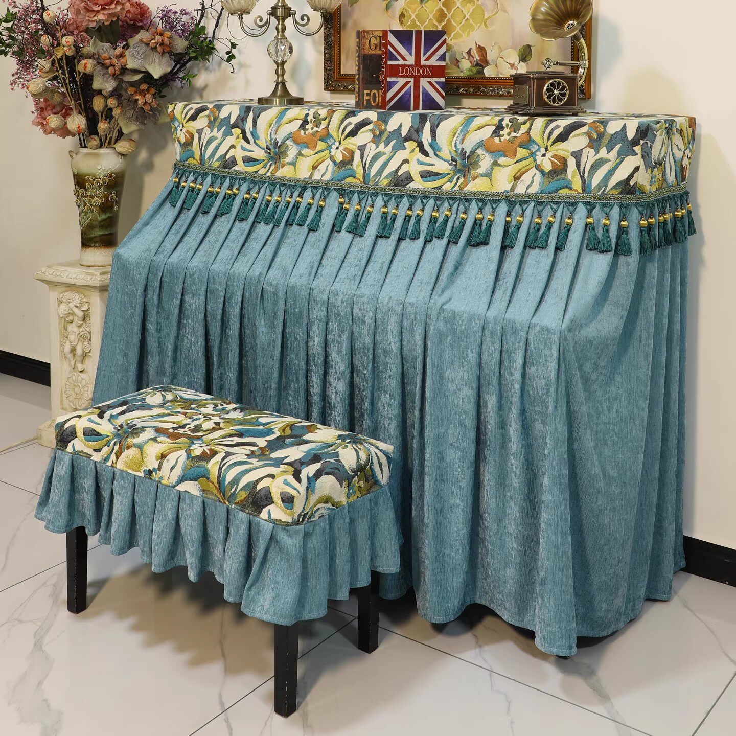 钢琴罩全罩防尘罩盖布美式复古高档钢琴布盖巾高级感立式琴披凳套