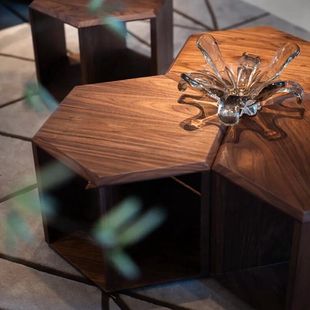 意式茶几简约现代黑胡桃木六边形茶几北欧客厅茶几组合组合茶几