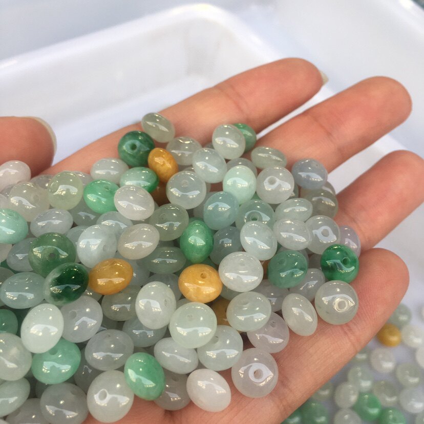 冰种阳绿三彩翡翠A货散珠手串