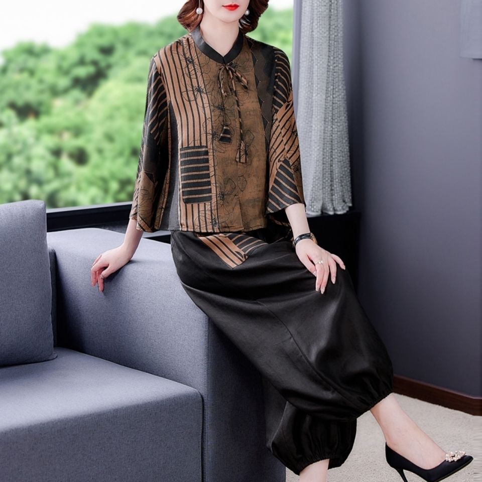 香云纱套装女高端真丝两件套2023夏款宽松显瘦桑蚕丝上衣半身裙子