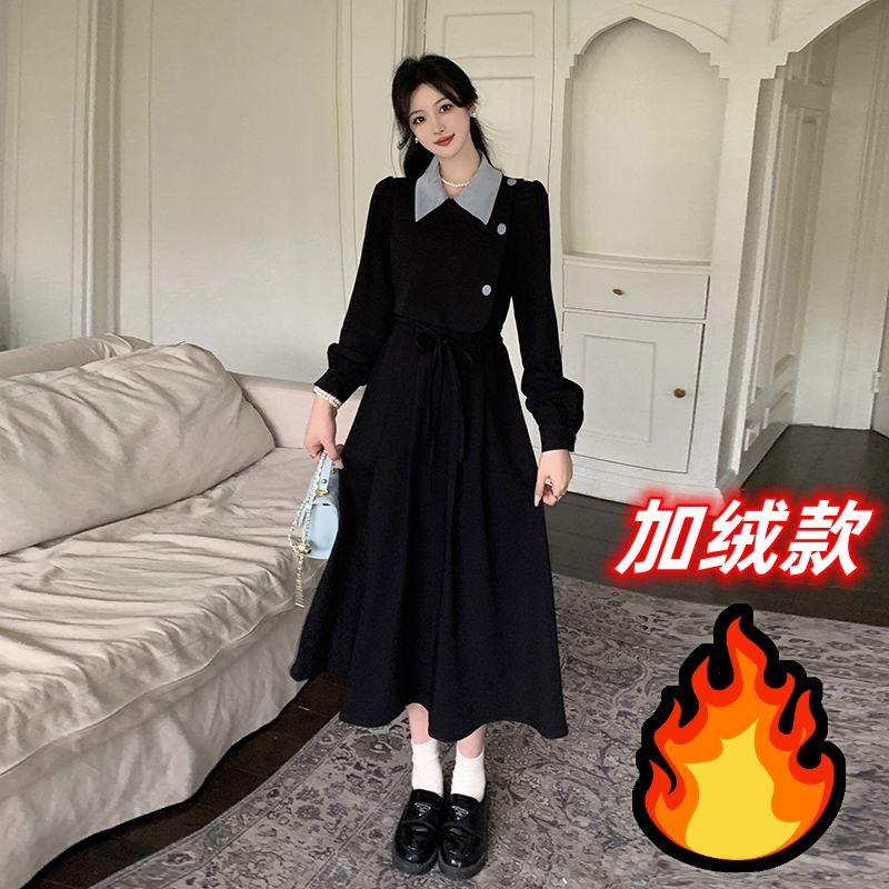 大码复古法式桔梗假两件胖mm连衣裙秋冬新款气质高级中式长袖裙子