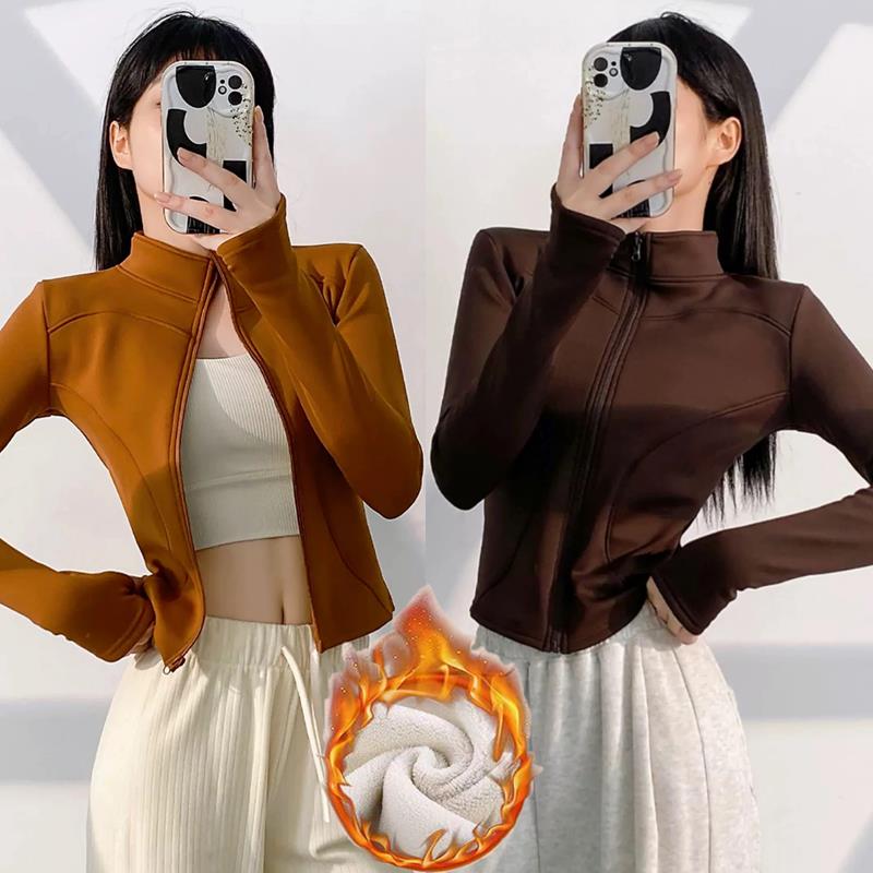 加绒瑜伽服外套女秋冬季2025新款修身拉链设计立领运动风保暖上衣