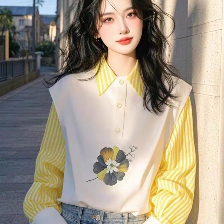 韩版设计感黄色条纹拼接印花POLO领衬衫女高级感轻奢减龄洋气上衣