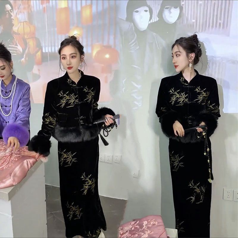 网红冬季新款新中式套装复古拼接小香风刺绣加棉外套半身裙两件套