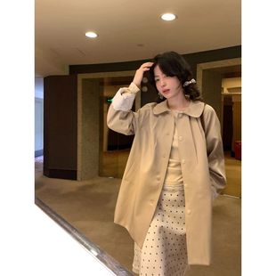 PtonUmi 长岛恋人 袖口花边拼接中长款风衣外套女秋韩系翻领大衣