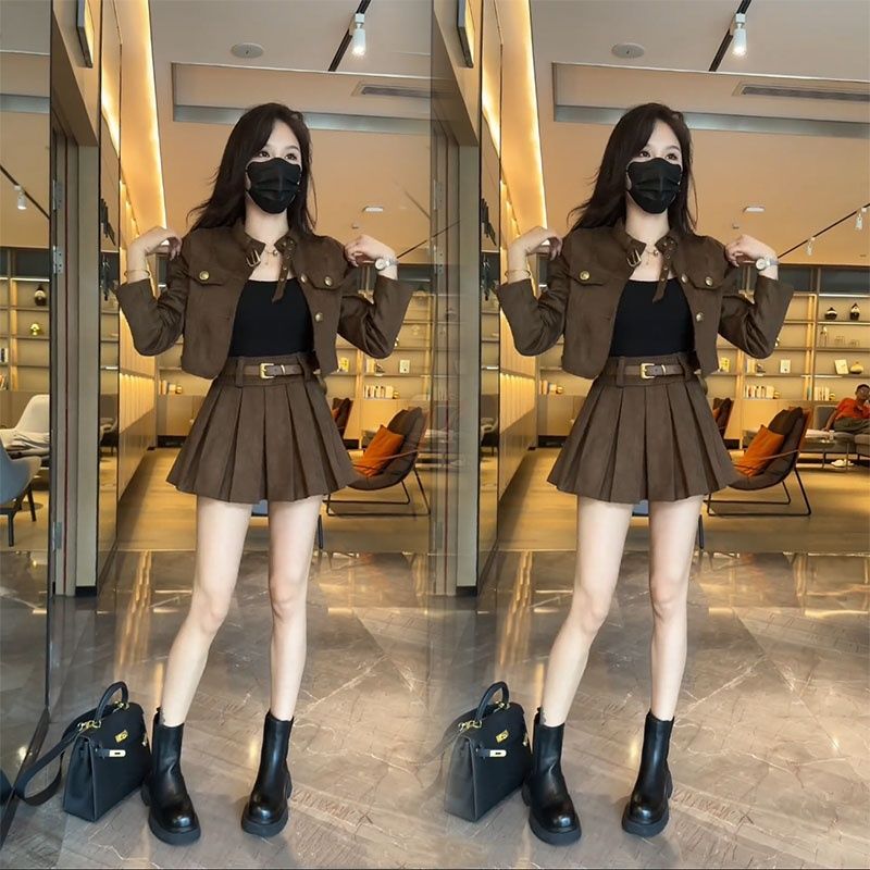 美式轻熟风套装女2025春秋新款时尚复古短款外套百褶半身裙两件套