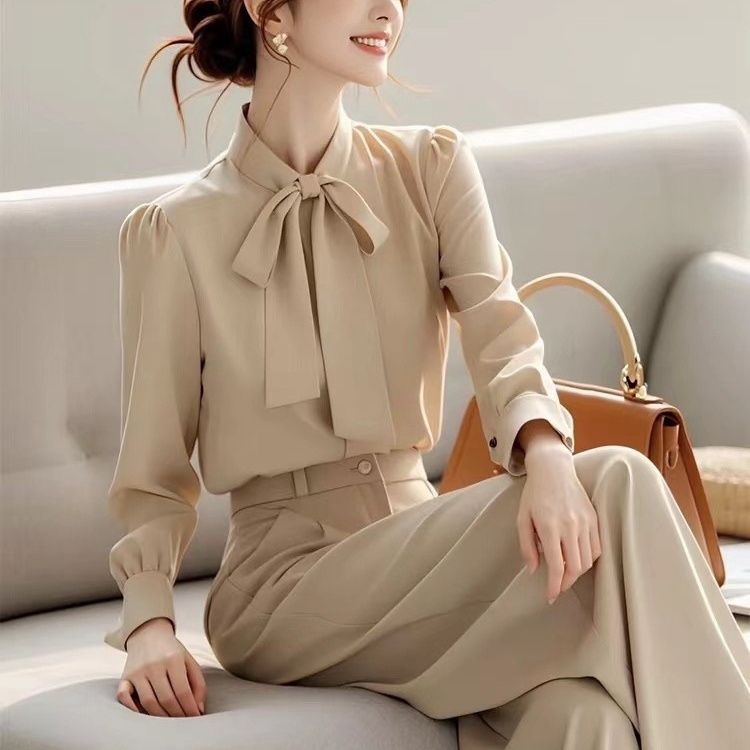 盐系轻熟高级感时尚休闲卡其色衬衫阔腿裤子两件套装职业女装秋季