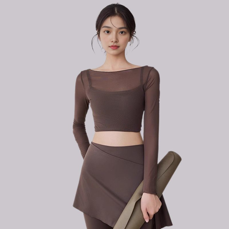 高级感瑜伽服女时尚性感网纱小众假两件健身长袖上衣春秋款2025新