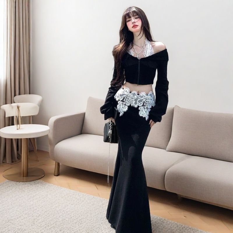 春季新款纯欲风卫衣拼接高腰连帽辣妹上衣+半身裙蕾丝鱼尾两件套