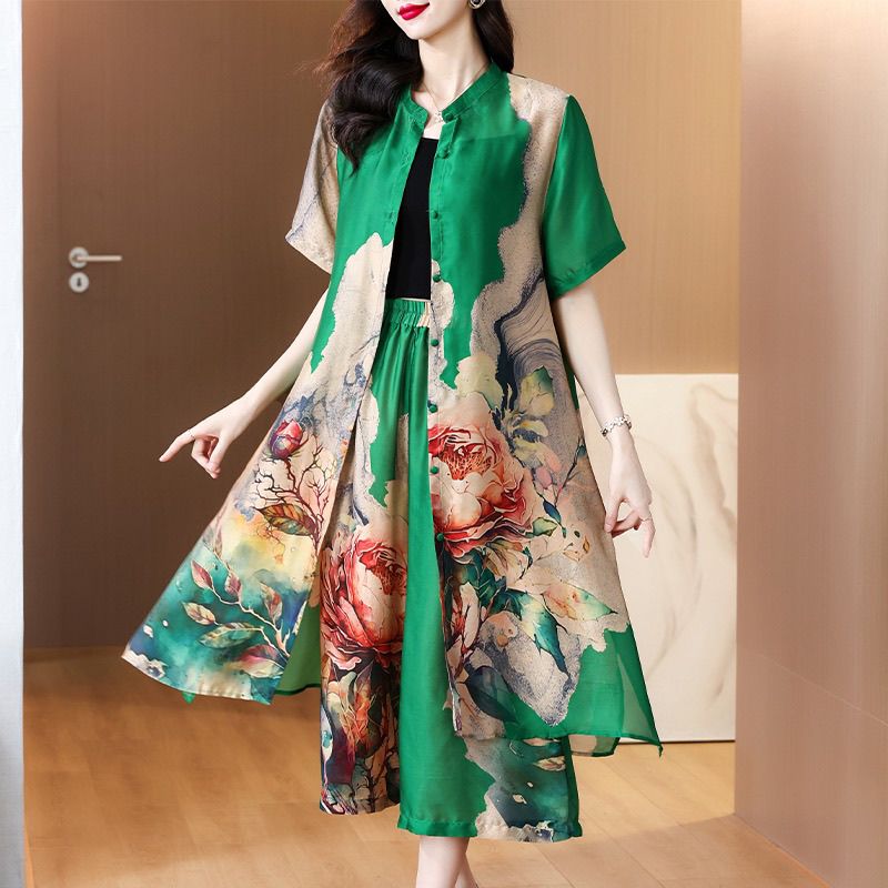 2024夏季新款真丝复古香云纱印花开衫外搭洋气宽松阔腿裤两件套装