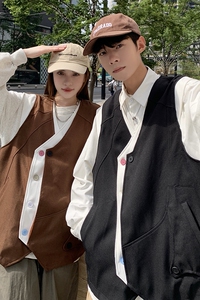 709-MJ69-P75 春秋休闲原创复古不规则v领假两件马甲大码情侣图片