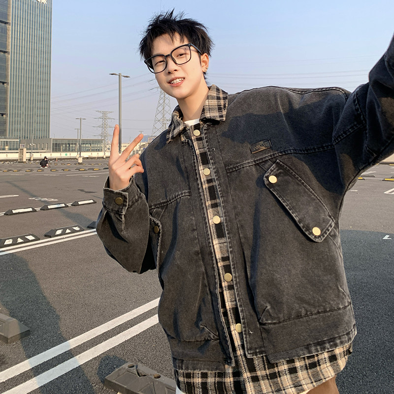 709-JK05-P125秋季上新男全棉水洗牛仔翻领假两件夹克情侣外套,男装工装外套,星座709