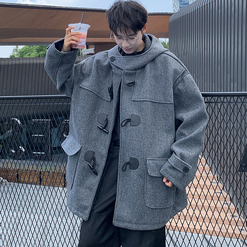 709-JK927-P150情侣休闲宽松牛角扣加厚连帽日系复古毛呢外套男,女装短外套,星座709