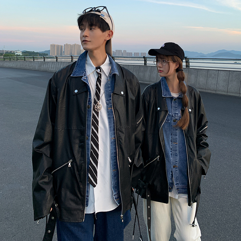 2021春款 情侶原創假兩件飄帶百搭牛仔皮衣外套