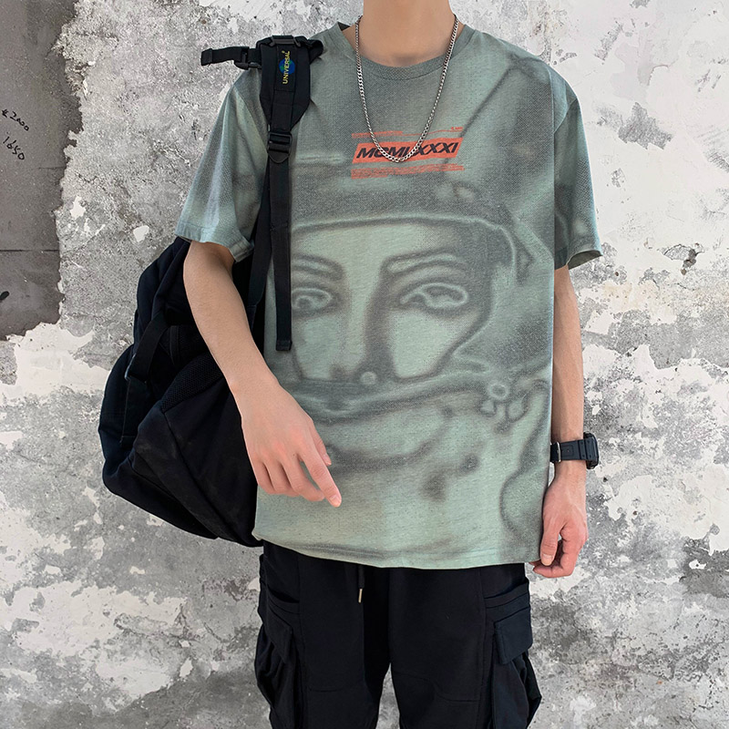 21 summer Hong Kong portrait print T-shirt summer trend versatile short sleeve men's shirt
