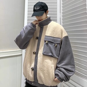 709-MY1001-P115 冬季单人立领开衫羊羔毛拼鹿绒皮加厚潮流男图片