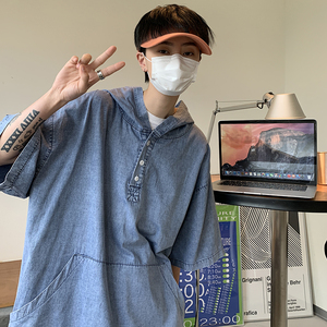 709-C902-P65 单人 夏季纯色棉牛仔连帽宽松大码衬衫T恤日系图片