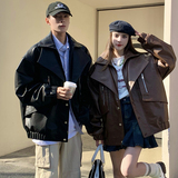 709-JK877-P145小众西装领皮衣夹克拉链装饰纯色外套情侣，男装夹克，星座709