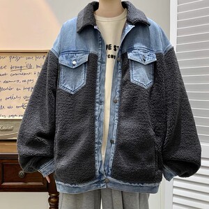 709-MY1003-P130 冬季单人羊羔毛拼接牛仔开衫翻领加厚棉衣男图片