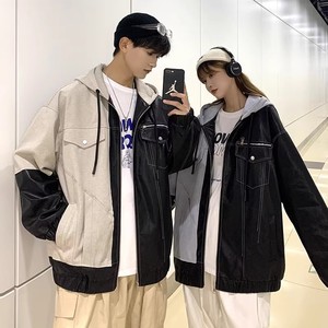 709-JK817-P125春秋连帽拉链皮衣呢子拼接百搭休闲夹克情侣