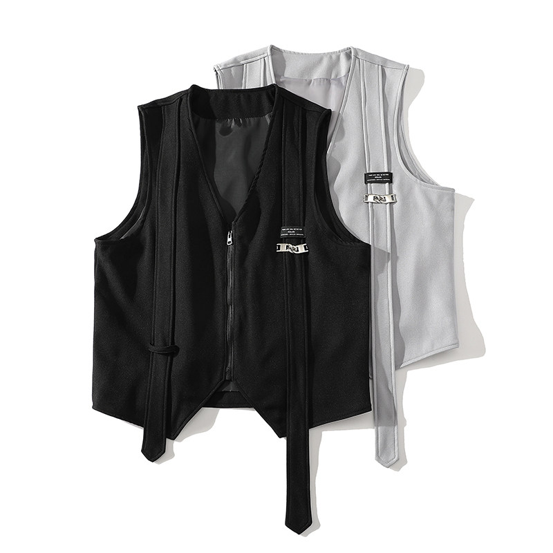 709-MJ70-P65春秋飘带装饰v领纯色宽松休闲大码马甲白底，男装背心/马甲，星座709