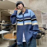 709-MY57-P110春秋简约条纹撞色双拉链翻领针织开衫毛衣单人图，男装针织衫/毛衣，星座709