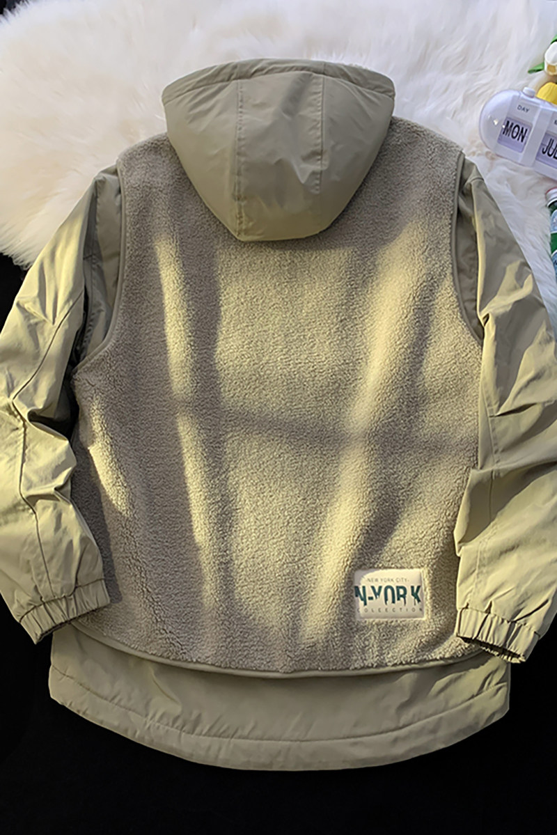 709-MY1500-P175 情侣冬季平铺假两件羊羔毛拼接工装连帽棉衣外套图片
