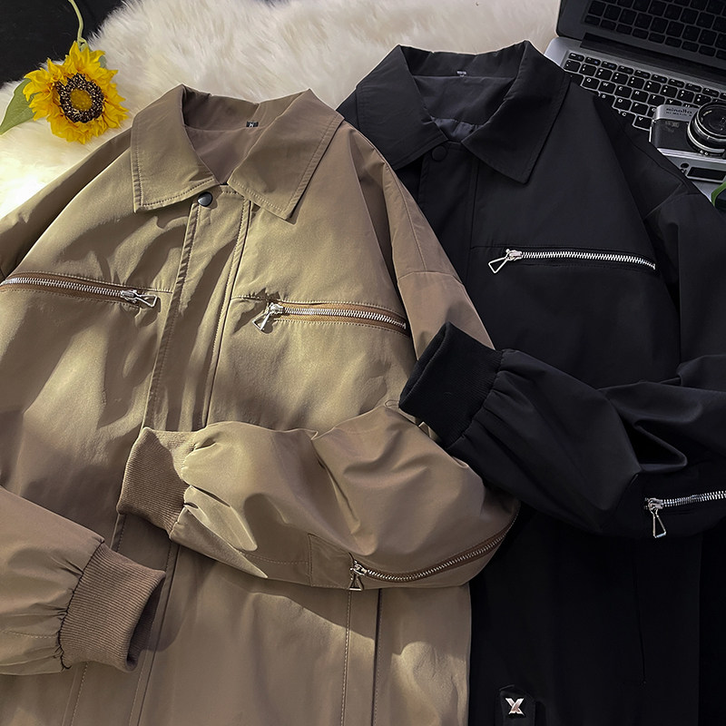 709-JK880-P105春秋休闲翻领金属装饰后背拉链夹克外套平铺图，男装夹克，星座709