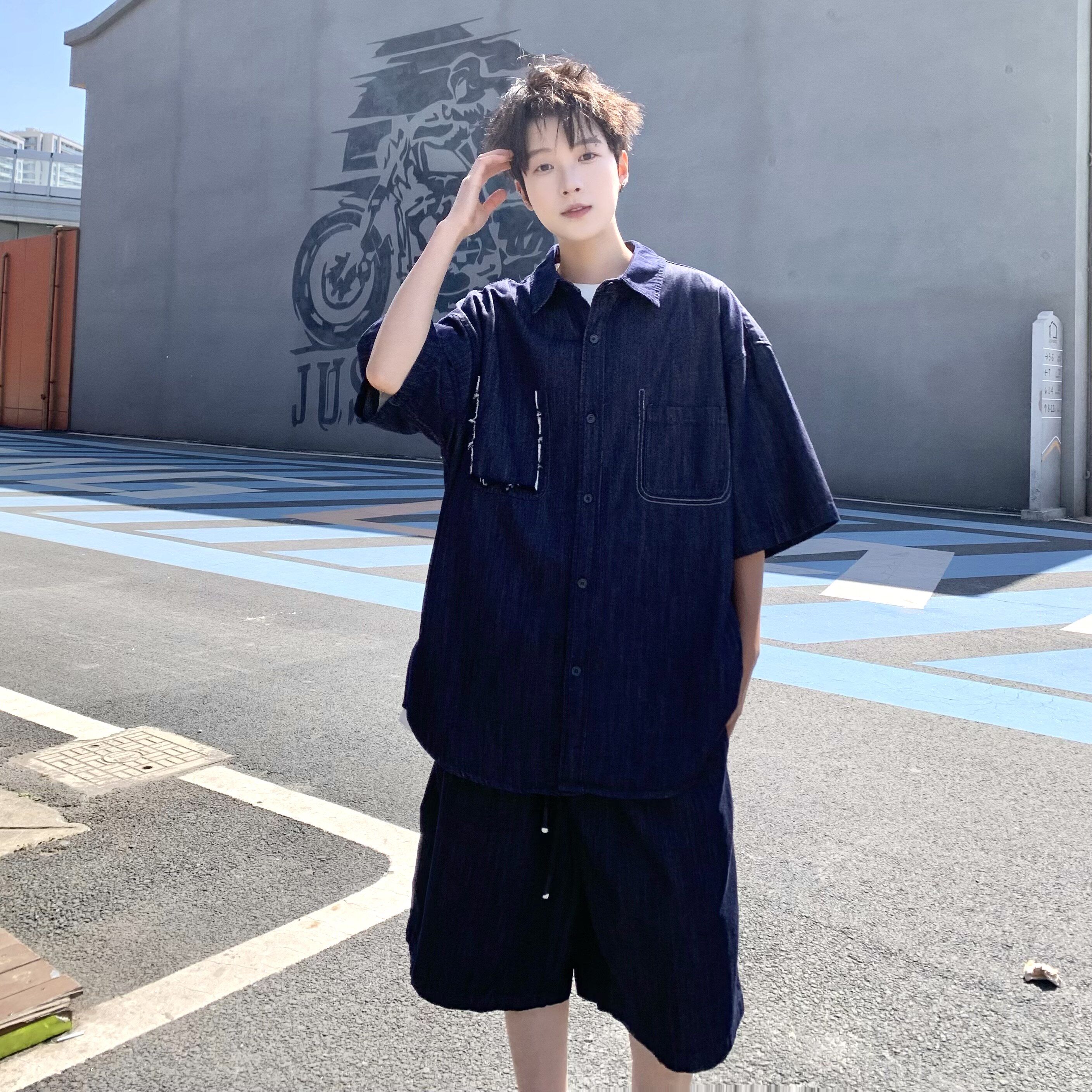 709-TZ23-P130单人夏季新款休闲牛仔衬衣套装,男装衬衫,星座709