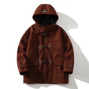 709-JK927-P150 情侣休闲宽松牛角扣加厚连帽日系复古毛呢外套图片