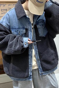 709-MY1003-P130 冬季单人羊羔毛拼接牛仔开衫翻领加厚棉衣男图片