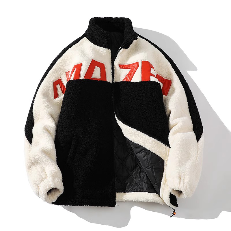 709-MY1015-P115 冬季白底羊羔毛拼接皮英文加厚开衫棉衣男图片