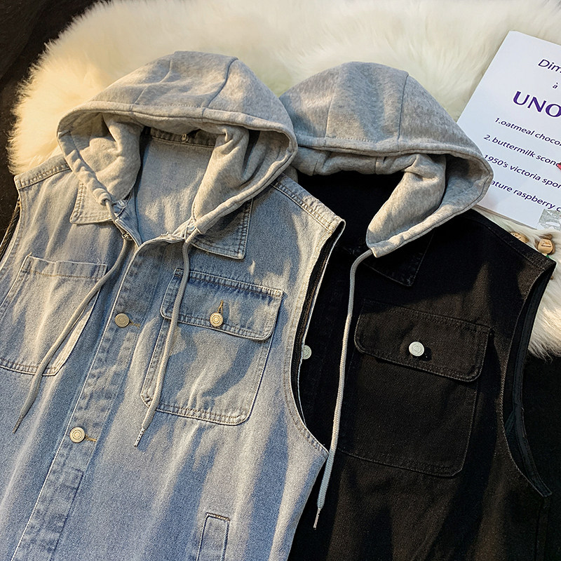 709-MJ71-P75春秋休闲连帽可脱卸纯色牛仔马甲外套上衣平铺，女装短外套，星座709