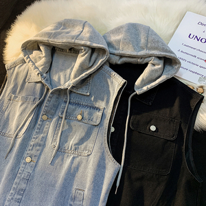 709-MJ71-P75 春秋休闲连帽可脱卸纯色牛仔马甲外套上衣 平铺，女装短外套，星座709