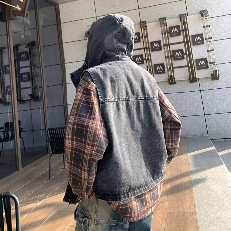 709-JK07-P125秋季上新水洗牛仔拼接连帽假两件格子夹克外套男,男装工装外套,星座709
