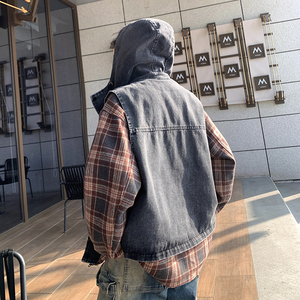 709-JK07-P125 秋季上新水洗牛仔拼接连帽假两件格子夹克外套男图片