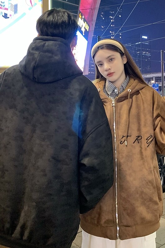 709-MY1508-P140 情侣冬季麂皮绒刺绣连帽棉衣夹克休闲 加绒图片