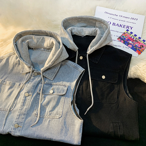 709-MJ71-P75 春秋休闲连帽可脱卸纯色牛仔马甲外套上衣 平铺图片