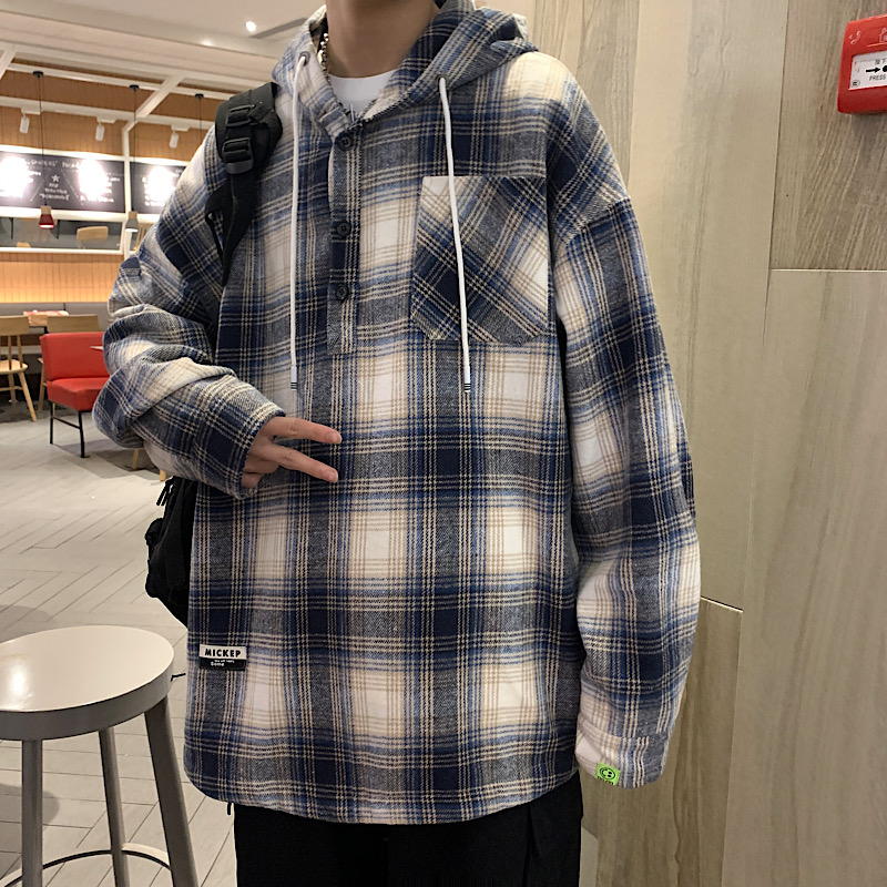 709-C815-P75春秋单人港风套头连帽格子外套宽松百搭衬衣男，男装衬衫，星座709