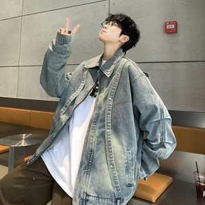 709-JK907-P115 春秋复古水洗做旧牛仔飘带夹克外套男图片