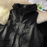 709-MJ60-P65春秋多拉链机能纯色宽松设计感连帽马甲平铺，男装背心/马甲，星座709