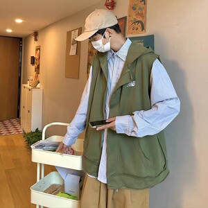 709-MJ22-P55 春秋破旧反边假两件百搭连帽马甲外套男 单人图片
