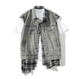 709-MJ100-P110白底春季新款不对称潮牌假两件牛仔马甲，男装背心/马甲，星座709