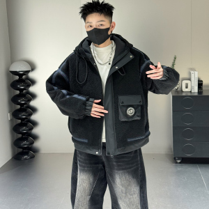 709-MY1833-P145冬季新款单人简约休闲百搭羊羔毛连帽棉服,女生搭配毛衣的裙子图片